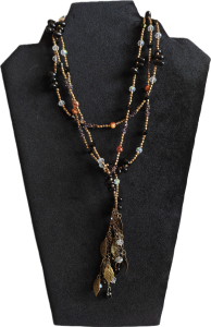 Lariat style necklace glass, ceramic, brass beads with brass charms