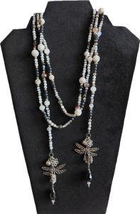 Lariat style xtra long glass, and metal beads with silvery alloy dragon fly charms