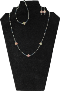 Demi-parure glass UFO and matt black beads, french bullion and metal spacers