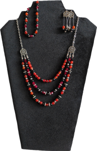 Red/black demi-parure three strand necklace