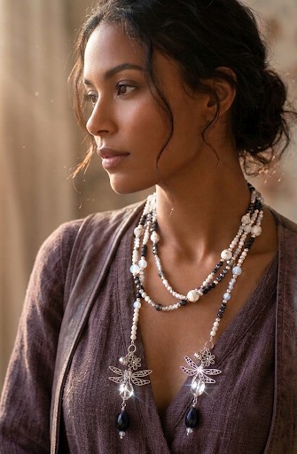 Necklace long wrap multi way wear black, white and silver