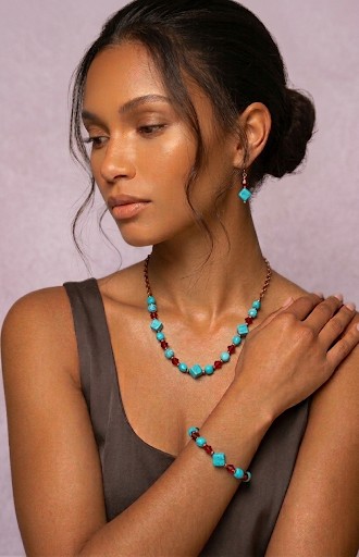 Handcrafted Demi-parure (Necklace/Bracelet/Earrings) Turquoise colour semi-precious stone and glass crystal beads (hypoallergenic wires)