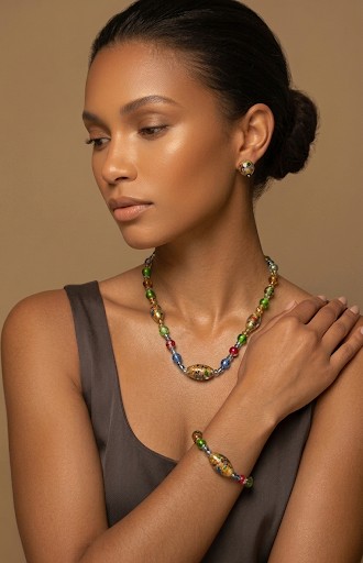 Handcrafted - demi-parure (Necklace / bracelet / earrings) glass and antique bronze chain - hypoallergenic ear wires