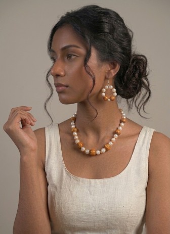 Handcrafted Necklace/Earring set Glass pearls and wooden beads with chain memory wire earrings (hypoallergenic wires)