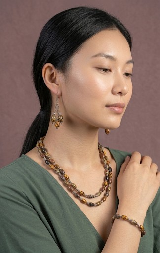 Handcrafted Demi-parure (Necklace/Bracelet/Earrings) two strand ceramic and silvery spacer bead necklace, (hypoallergenic wires)
